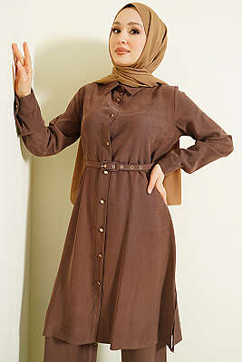 Düğmeli Kemerli Uzun Tunikli İkili Takım Kahve - İkili Takım