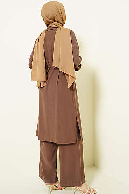 Düğmeli Kemerli Uzun Tunikli İkili Takım Kahve - İkili Takım