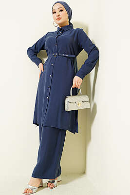 Düğmeli Kemerli Uzun Tunikli İkili Takım Lacivert - BERAT TEKSTİL