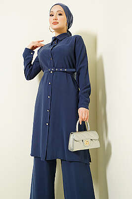 Düğmeli Kemerli Uzun Tunikli İkili Takım Lacivert - İkili Takım