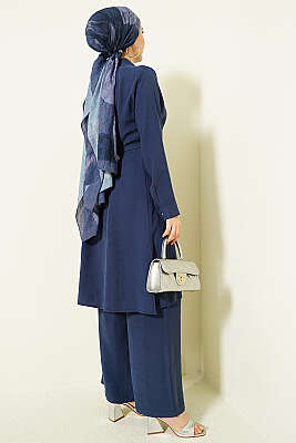 Düğmeli Kemerli Uzun Tunikli İkili Takım Lacivert - İkili Takım