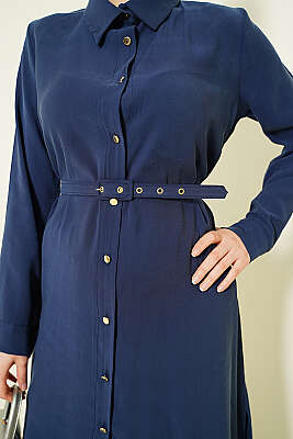 Düğmeli Kemerli Uzun Tunikli İkili Takım Lacivert - İkili Takım