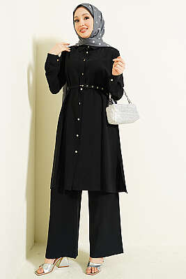 Düğmeli Kemerli Uzun Tunikli İkili Takım Siyah - BERAT TEKSTİL