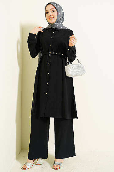 Düğmeli Kemerli Uzun Tunikli İkili Takım Siyah - İkili Takım