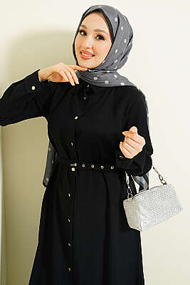 Düğmeli Kemerli Uzun Tunikli İkili Takım Siyah - İkili Takım