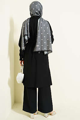 Düğmeli Kemerli Uzun Tunikli İkili Takım Siyah - İkili Takım