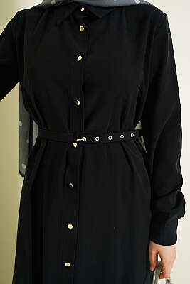 Düğmeli Kemerli Uzun Tunikli İkili Takım Siyah - İkili Takım