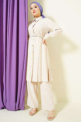 Düğmeli Kemerli Uzun Tunikli İkili Takım Taş - BERAT TEKSTİL