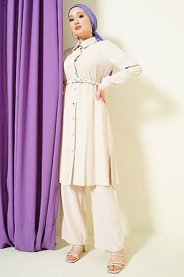 Düğmeli Kemerli Uzun Tunikli İkili Takım Taş - İkili Takım