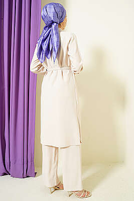 Düğmeli Kemerli Uzun Tunikli İkili Takım Taş - İkili Takım