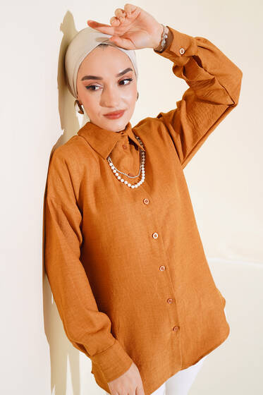 Düğmeli Keten Gömlek Taba - Gömlek