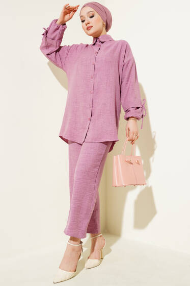 Düğmeli Keten İkili Takım Gül Kurusu - İkili Takım