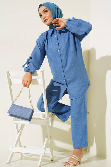 Düğmeli Keten İkili Takım Mavi - İkili Takım
