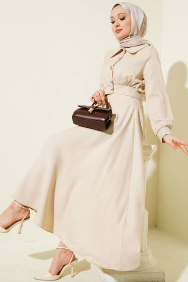 Düğmeli Kısa Ceketli Etekli İkili Takım Bej - İkili Takım