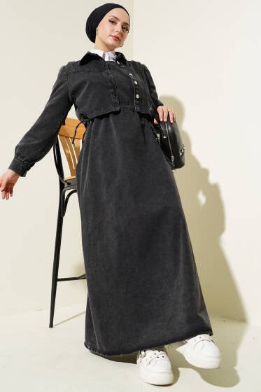 Düğmeli Kısa Ceketli Kot İkili Takım Antrasit - İkili Takım