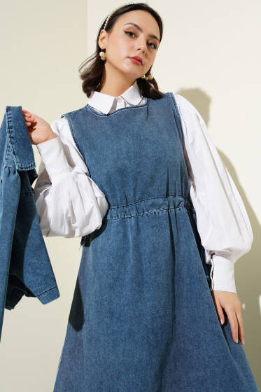 Düğmeli Kısa Ceketli Kot İkili Takım Kot Mavisi - İkili Takım