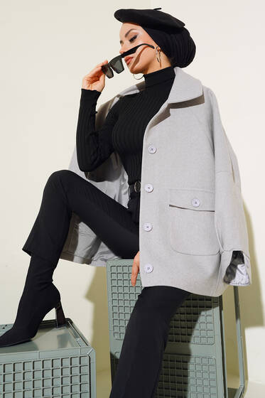 Düğmeli Kısa Kaşe Kaban Gri - Kaban
