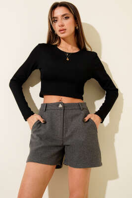 Düğmeli Kısa Kaşe Pantolon Gri - Yılın Fırsatı