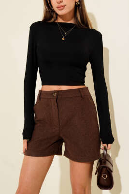 Düğmeli Kısa Kaşe Pantolon Kahve - Yılın Fırsatı