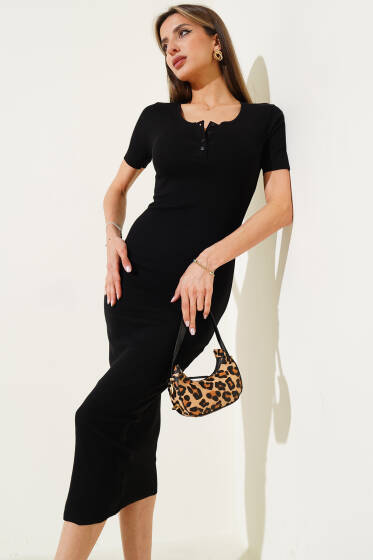 Düğmeli Kısa Kol Kaşkorse Midi Elbise Siyah - Kadın Giyim Modelleri