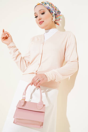 Düğmeli Kısa Viskon Hırka Bej - Hırka