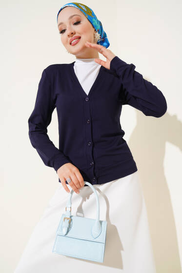 Düğmeli Kısa Viskon Hırka Lacivert - Hırka