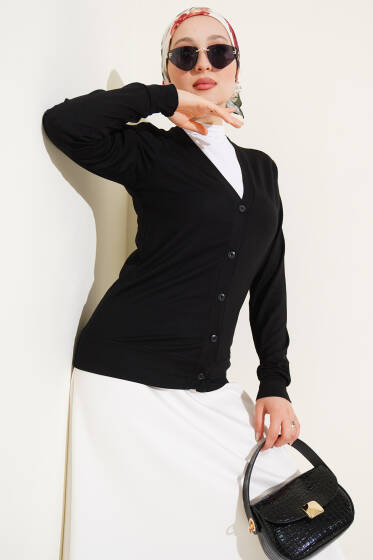 Düğmeli Kısa Viskon Hırka Siyah - Hırka