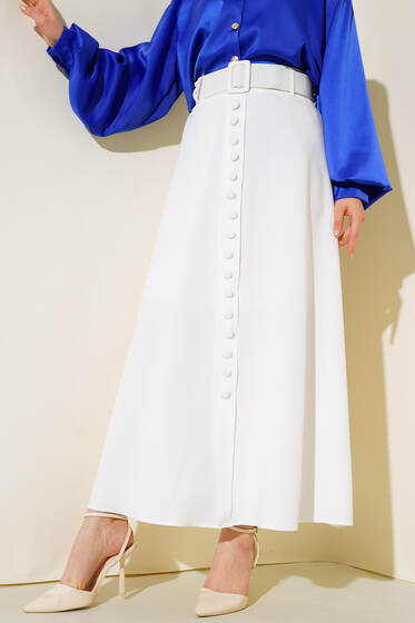 Düğmeli Kloş Etek Ekru - Etek