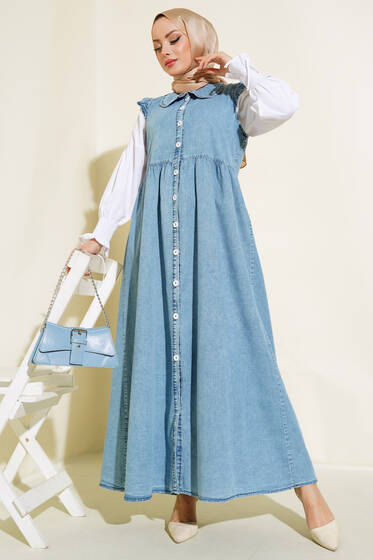 Düğmeli Kot Jile Elbise Kot Mavisi - Elbise