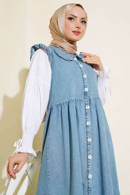 Düğmeli Kot Jile Elbise Kot Mavisi - Tesettür Elbise