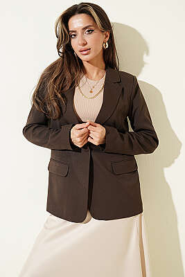 Düğmeli Kruvaze Yaka Blazer Ceket Kahve - Kadın Giyim Modelleri