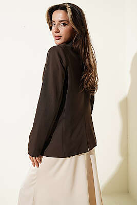 Düğmeli Kruvaze Yaka Blazer Ceket Kahve - Kadın Giyim Modelleri