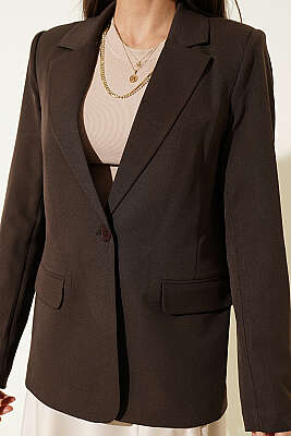 Düğmeli Kruvaze Yaka Blazer Ceket Kahve - Kadın Giyim Modelleri