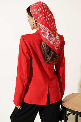 Düğmeli Kruvaze Yaka Blazer Ceket Kırmızı - Kadın Giyim Modelleri