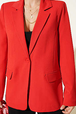 Düğmeli Kruvaze Yaka Blazer Ceket Kırmızı - Kadın Giyim Modelleri
