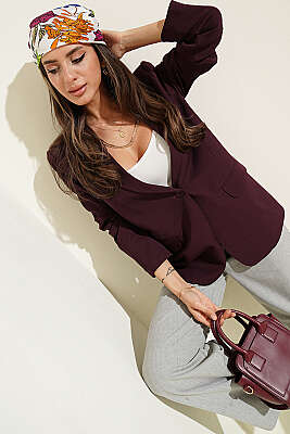 Düğmeli Kruvaze Yaka Blazer Ceket Mürdüm - HELLIE