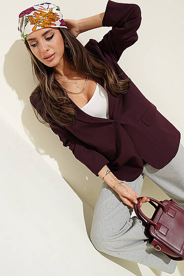 Düğmeli Kruvaze Yaka Blazer Ceket Mürdüm - Kadın Giyim Modelleri