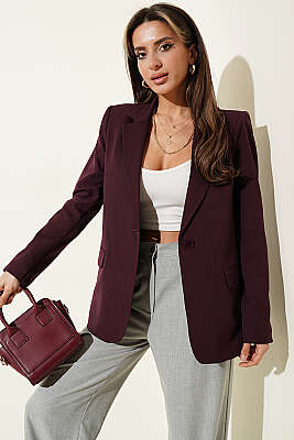 Düğmeli Kruvaze Yaka Blazer Ceket Mürdüm - Kadın Giyim Modelleri