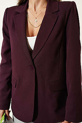 Düğmeli Kruvaze Yaka Blazer Ceket Mürdüm - Kadın Giyim Modelleri