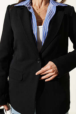 Düğmeli Kruvaze Yaka Blazer Ceket Siyah - Kadın Giyim Modelleri