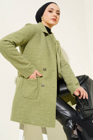 Düğmeli Kruvaze Yaka Buklet Ceket Çağla Yeşili - Ceket