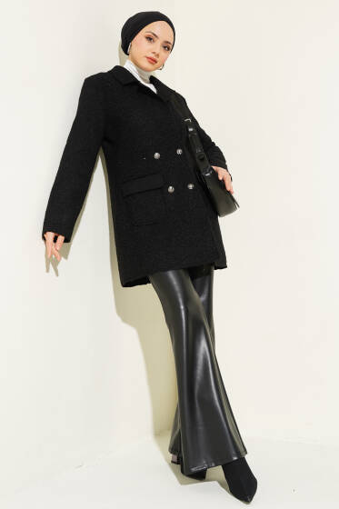 Düğmeli Kruvaze Yaka Buklet Ceket Siyah - Ceket