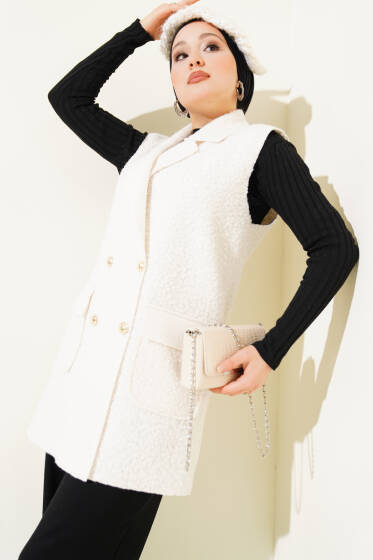 Düğmeli Kruvaze Yaka Buklet Yelek Bej - Yelek