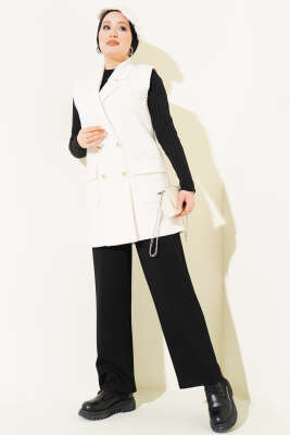 Düğmeli Kruvaze Yaka Buklet Yelek Bej - Yelek