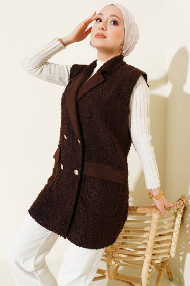 Düğmeli Kruvaze Yaka Buklet Yelek Kahve - Yelek