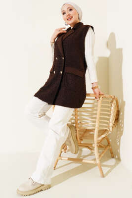 Düğmeli Kruvaze Yaka Buklet Yelek Kahve - Yelek