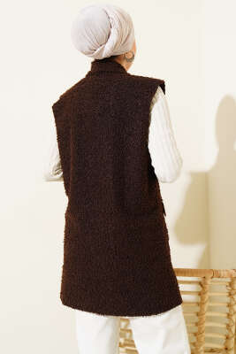 Düğmeli Kruvaze Yaka Buklet Yelek Kahve - Yelek