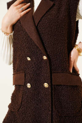 Düğmeli Kruvaze Yaka Buklet Yelek Kahve - Yelek