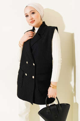 Düğmeli Kruvaze Yaka Buklet Yelek Siyah - VAV TEKSTİL