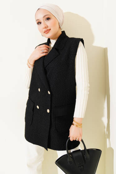Düğmeli Kruvaze Yaka Buklet Yelek Siyah - Yelek